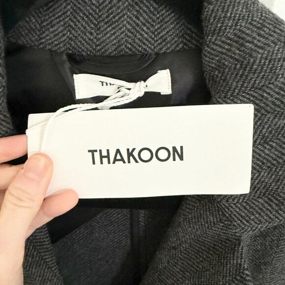 Women Thakoon Herringbone Wrap Tie Jacket Mid Length in Dark Grey Size Small - Picture 4 of 9